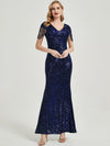 Navy Beadings Sleeve Sequins Mermaid Formal Gown Rava