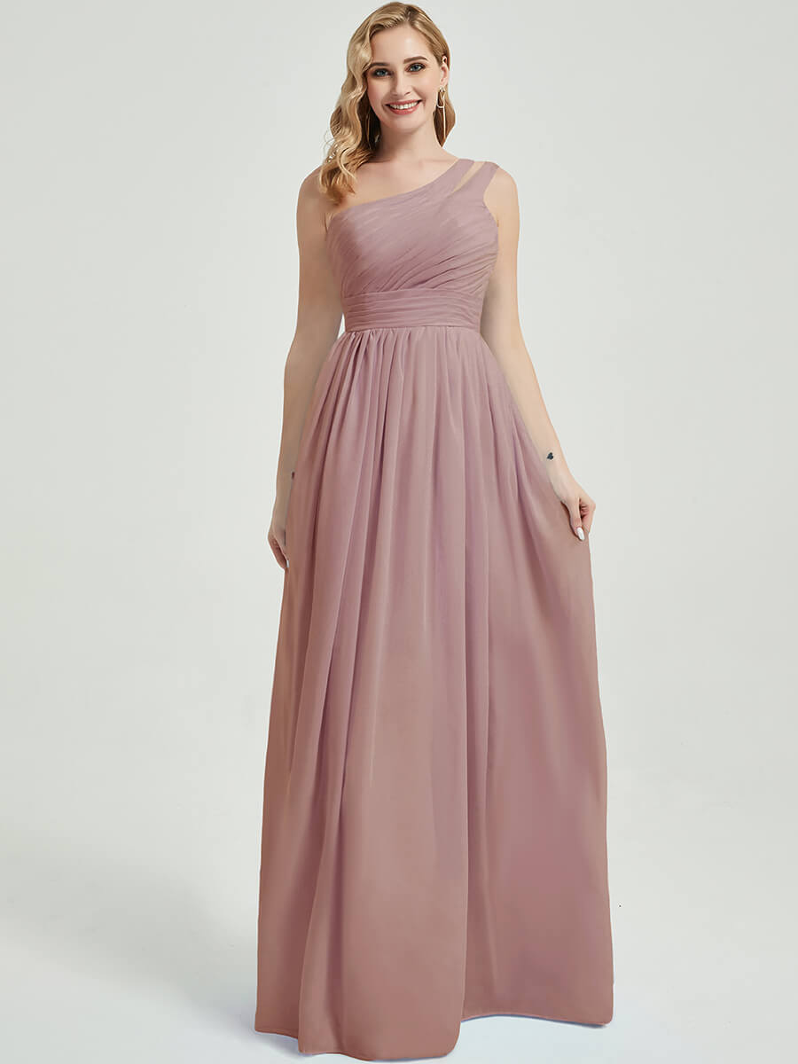 Mabel vintage mauve rose floor-length chiffon with narrow waist bridesmaid dress