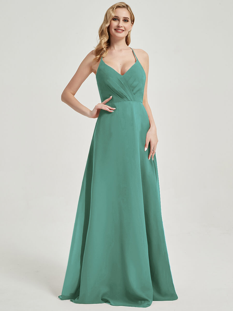 Eucalyptus V Neckline Pleated Keyhole Back Chiffon Bridesmaid Dress Davis