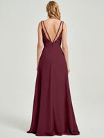 Burgundy Double Spaghetti Straps Slit Lace Chiffon Bridesmaid Dress - Thana