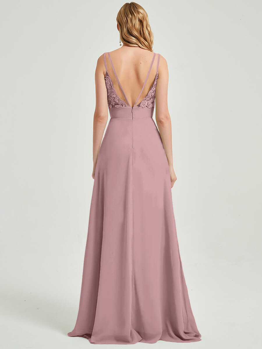 Double Spaghetti Straps Slit Lace Chiffon Bridesmaid Dress - Thana