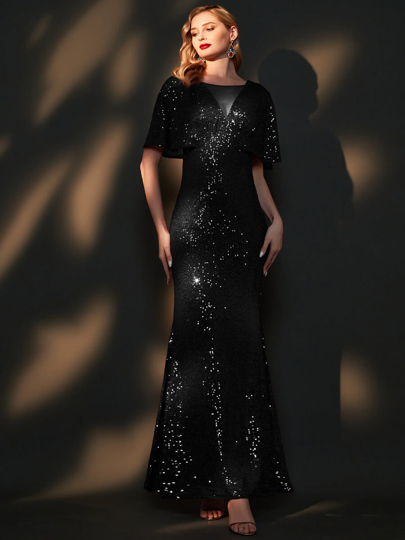 [Final Sale] Black Batwing Sleeves Sheer V-Neck Sequin Formal Gown