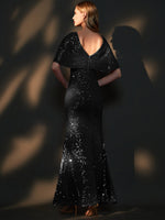 [Final Sale] Black Batwing Sleeves Sheer V-Neck Sequin Formal Gown