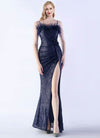 NZ Bridal Navy Blue Feather Sequin Mermaid Maxi Formal Gown 31365 Sadie a