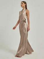 NZ Bridal Taupe Halter Jumpsuit Satin Rompers EB30S19 Poppy d