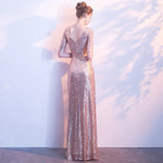 [Final Sale] Light Gold V Cut Half Sleeves Sequined Evening Dress