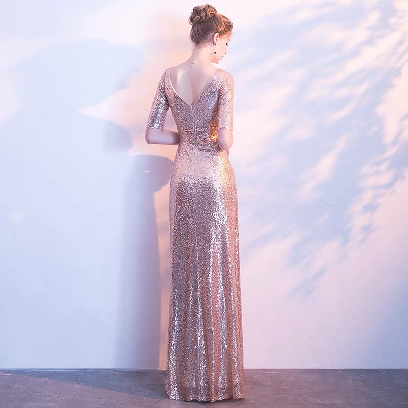 [Final Sale] Light Gold V Cut Half Sleeves Sequined Evening Dress