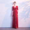 [Final Sale] Red V Cut Half Sleeves Sequined Evening Dress