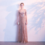 [Final Sale] Light Gold V Cut Half Sleeves Sequined Evening Dress