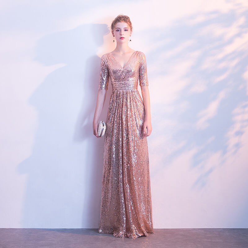 [Final Sale] Light Gold V Cut Half Sleeves Sequined Evening Dress