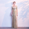 [Final Sale] Light Gold V Cut Half Sleeves Sequined Evening Dress