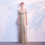 [Final Sale] Light Gold V Cut Half Sleeves Sequined Evening Dress