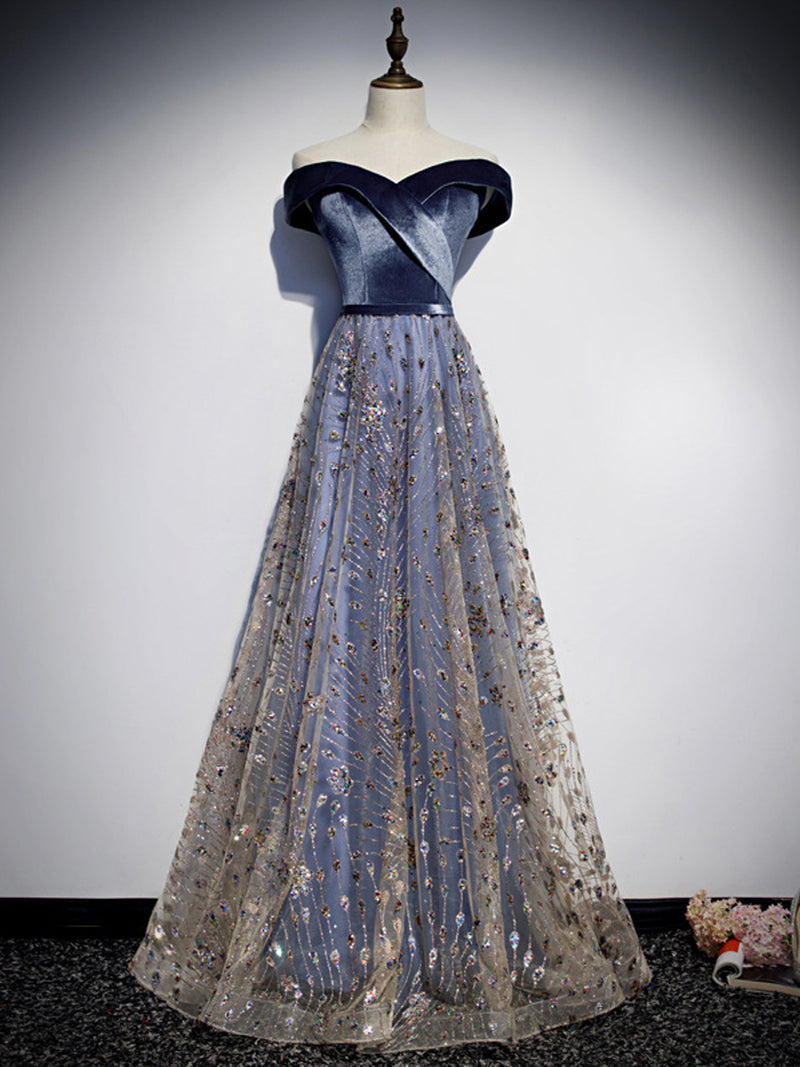 [Final Sale] US14 Velvet Winter Lapel Off Shoulder Blue Velvet Tulle Ball Gown