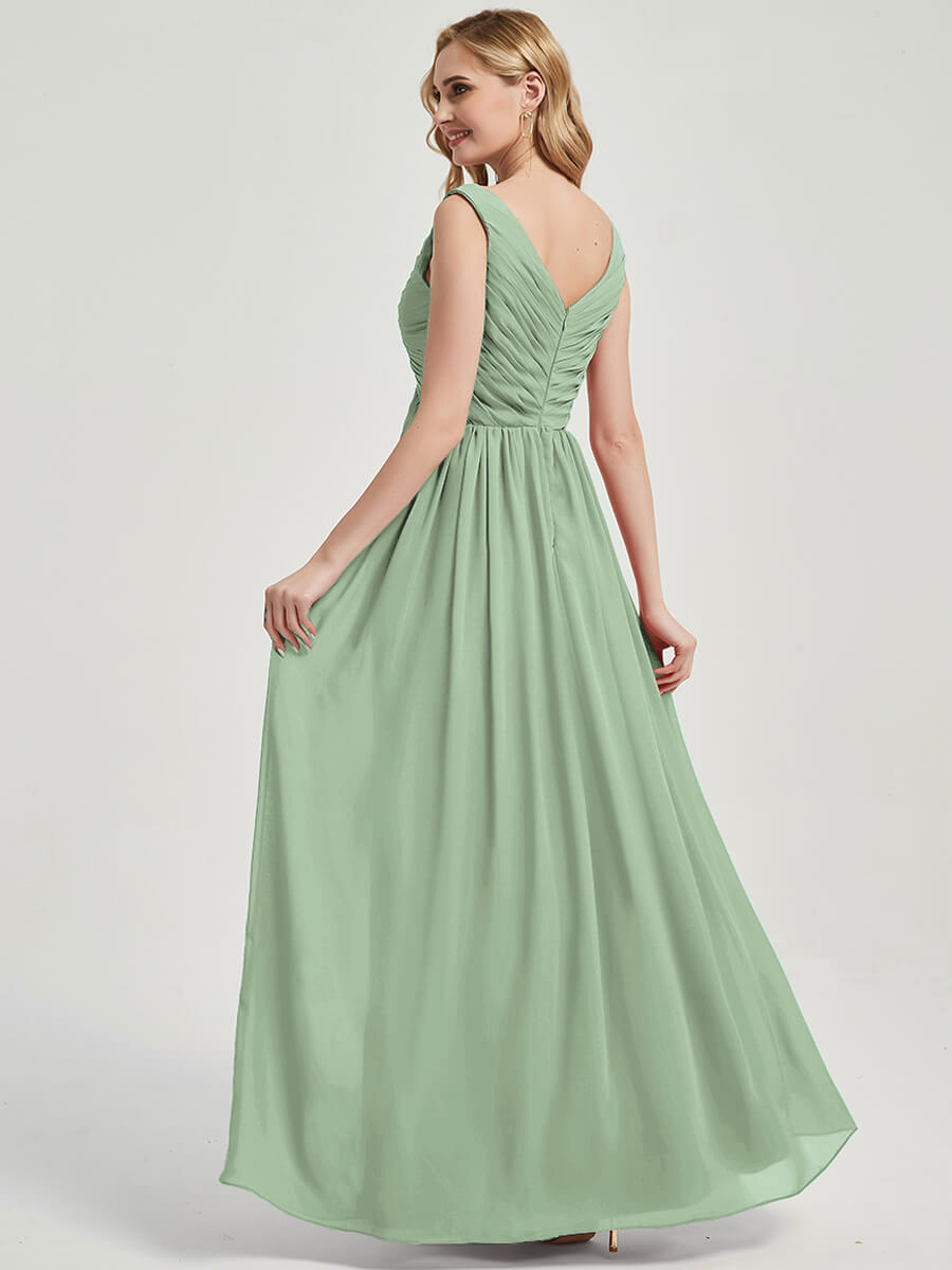 Sage Green V Neckline Empire Pleated Chiffon Bridesmaid Dress - Zoe