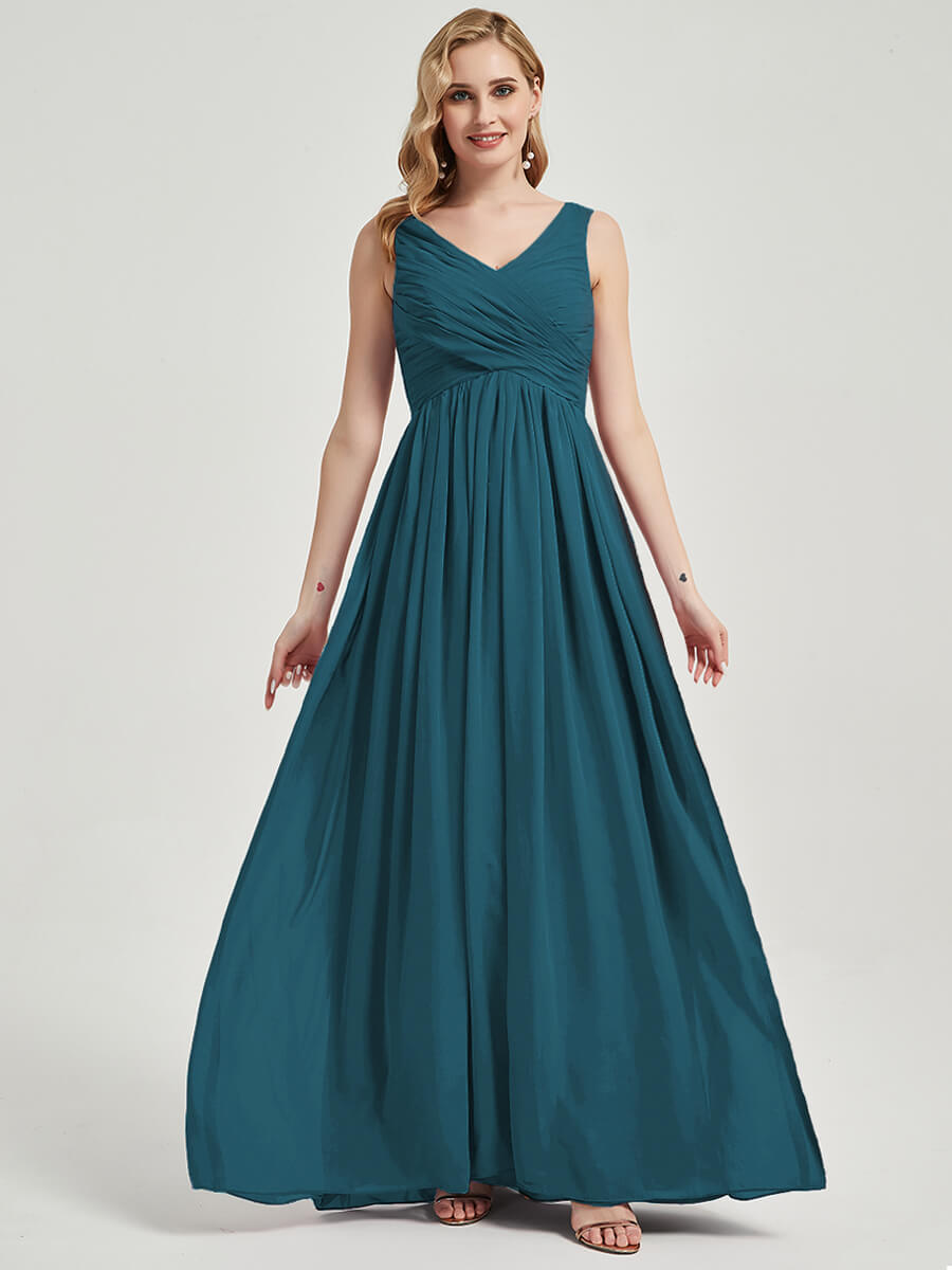 Teal V Neckline Empire Pleated Chiffon Bridesmaid Dress - Zoe