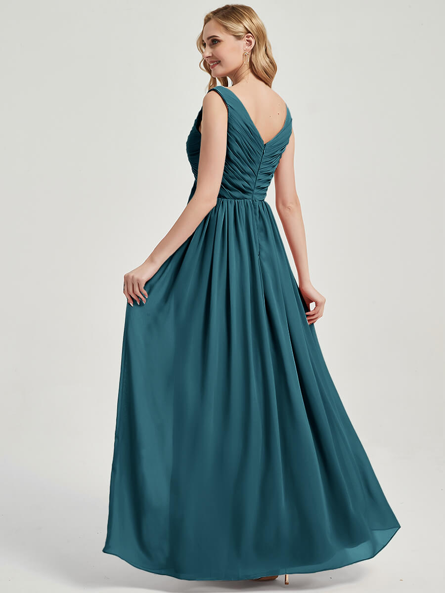 Teal V Neckline Empire Pleated Chiffon Bridesmaid Dress - Zoe