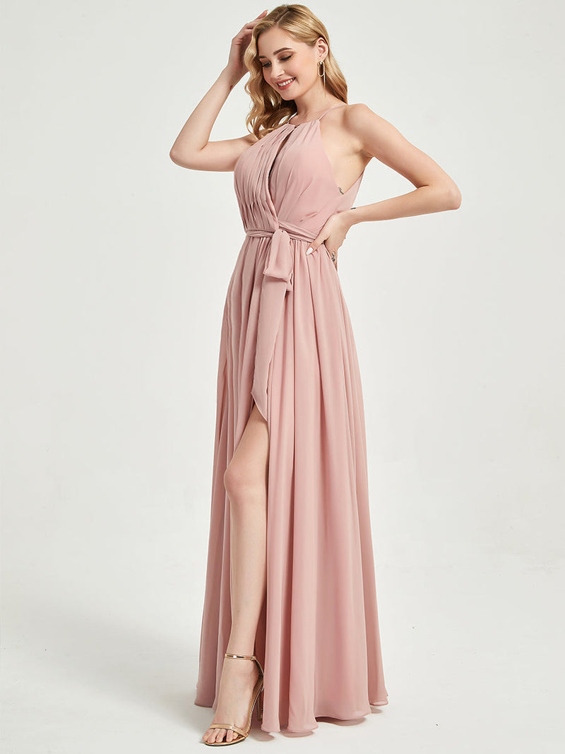 Eliza - Floor length chiffon and a dainty keyhole with flirty center slit Bridesmaid Dress