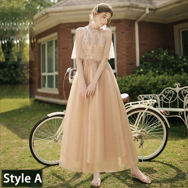 [Final Sale] Brown Illusion Neckline Leaves Applique Tulle A-line Bridesmaid Dresses