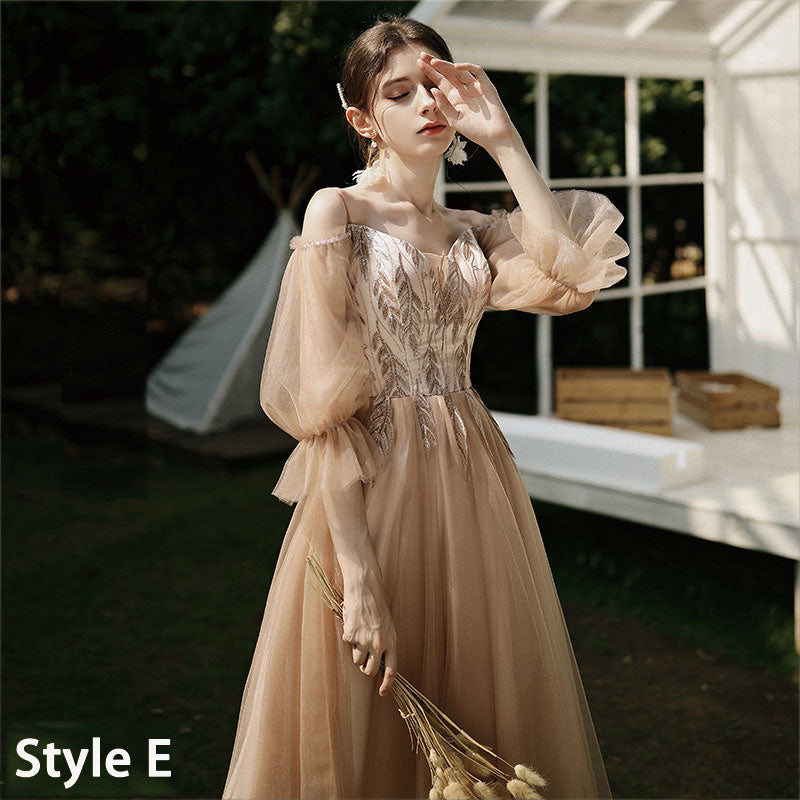 [Final Sale] Brown Illusion Neckline Leaves Applique Tulle A-line Bridesmaid Dresses