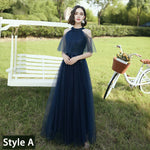 [Final Sale] Navy Blue Illusion Neckline Leaves Applique Tulle A-line Bridesmaid Dresses