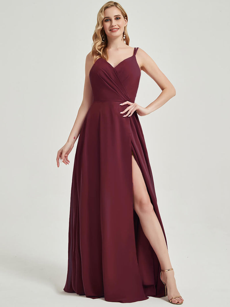 Double Spaghetti Straps Slit Lace Chiffon Bridesmaid Dress - Thana