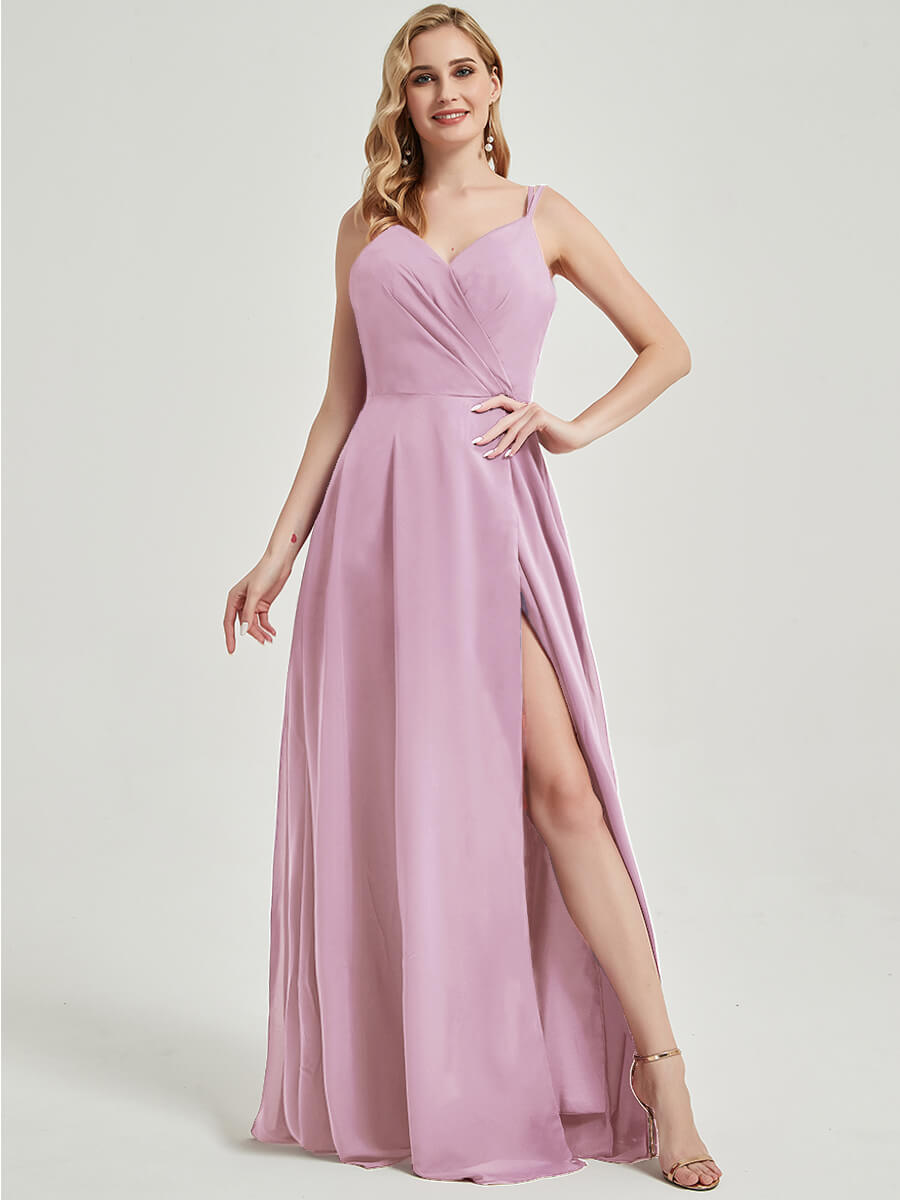 Double Spaghetti Straps Slit Lace Chiffon Bridesmaid Dress - Thana