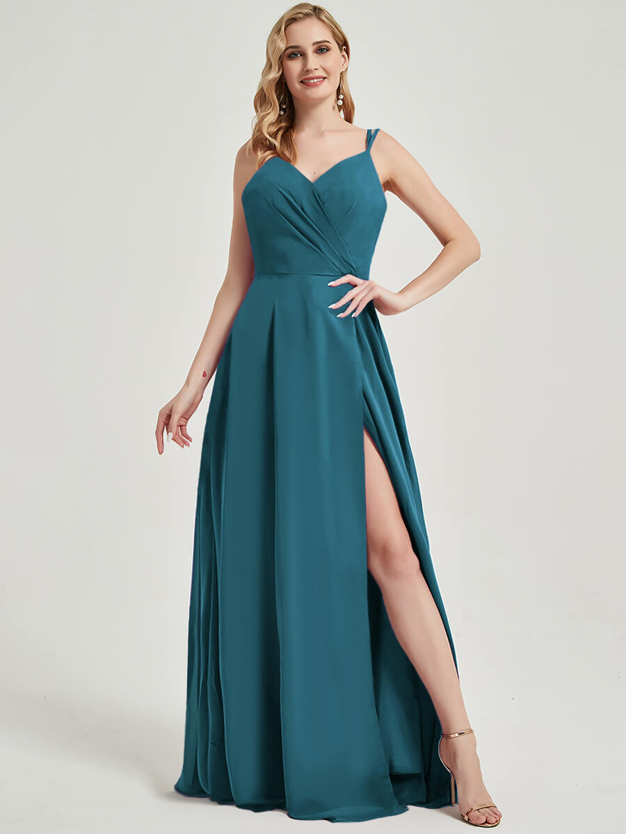 Teal Double Spaghetti Straps Slit Lace Chiffon Bridesmaid Dress - Thana