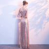 [Final Sale] Rose Gold V Cut Sleeves Sequined Evening Dress