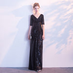 [Final Sale] Black V Cut Half Sleeves Sequined Evening Dress