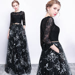 Flowers Pattern Sleeves Pocket Black Party Gown