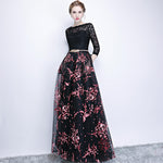 Lace Bodice Pleated Skirt 3/4 Sleeves Pocket Black Party Gown