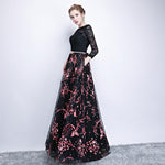 Boat Neckline Pleated Skirt 3/4 Sleeves Pocket Black Party Gown