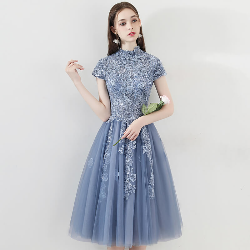 Vintage Dusty Blue Cocktail Party Dress Embroidery Lace – NZ Bridal