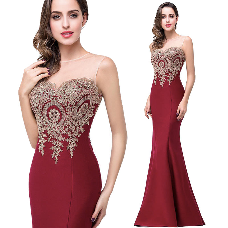 [Final Sale] Plus Size Mermaid Gown Gold Appliques Burgundy-Lynne