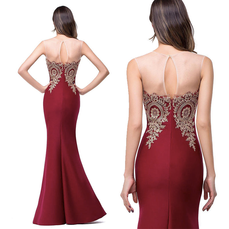 [Final Sale] Plus Size Mermaid Gown Gold Appliques Burgundy-Lynne