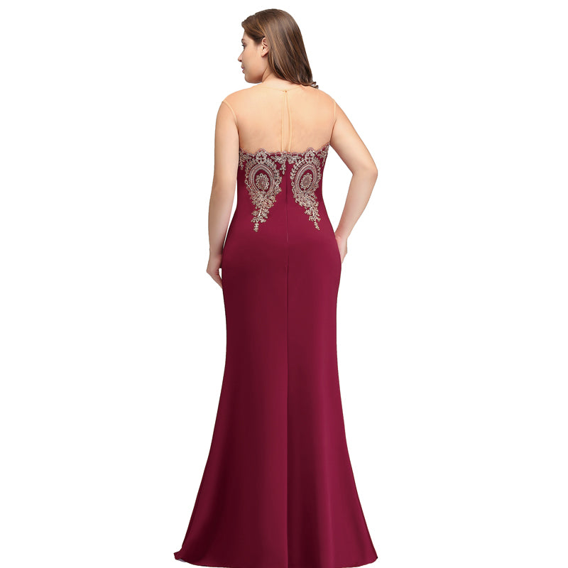 [Final Sale] Plus Size Mermaid Gown Gold Appliques Burgundy-Lynne