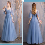 Illusion Sweetheart Neck Ruffle Sleeves Dusty Blue Bridesmaid Dresses Mix Match Dot Styles Dot A Line Gauze Bridesmaid Dresses- NZ Bridal