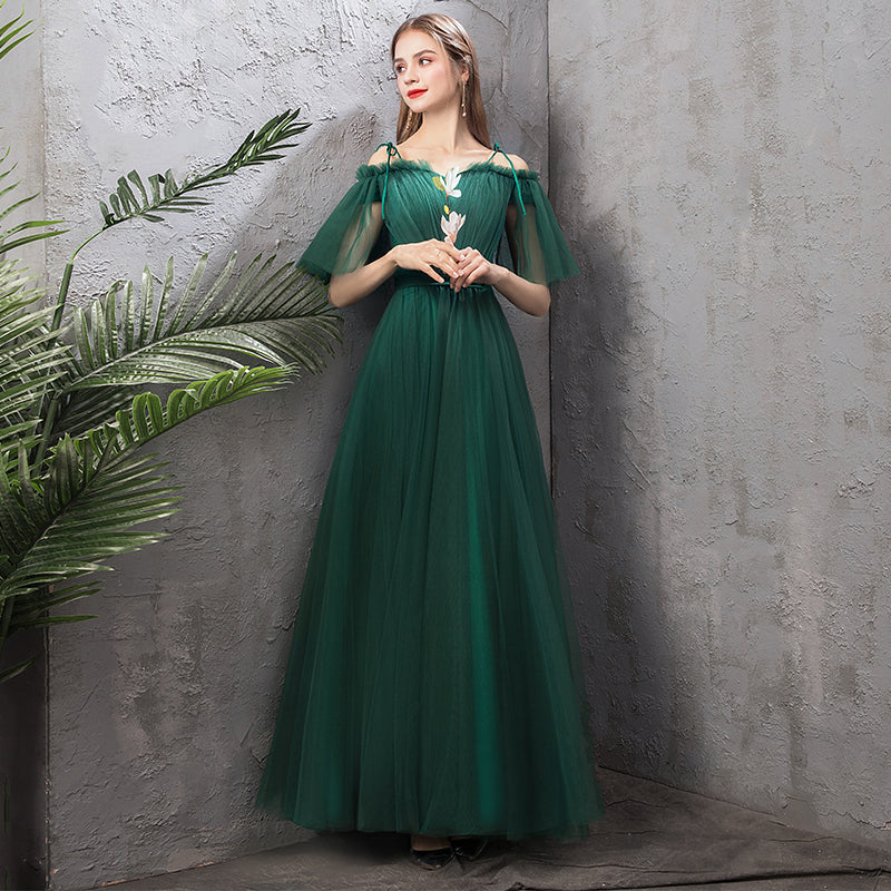 NZ Bridal Illusion Sweetheart Neck Sling Ruffle Sleeves Green Emerald Bridesmaid Dresses Mix Match Dot Styles Dot A Line Gauze Bridesmaid Dresses- NZ Bridal