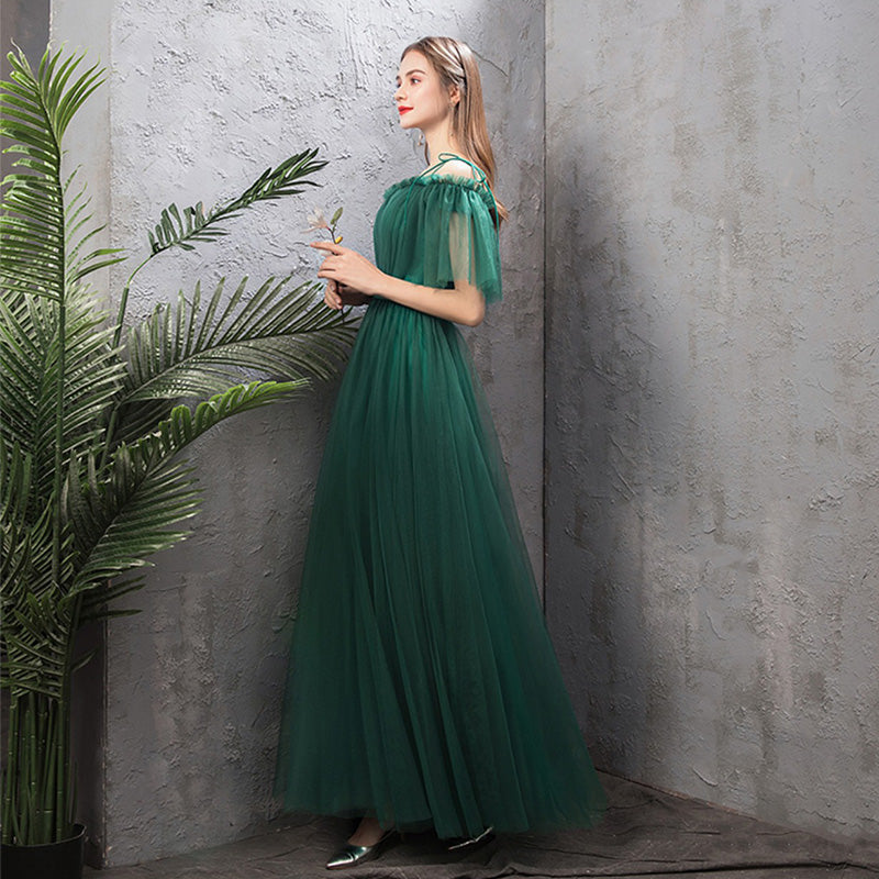 NZ Bridal Illusion Sweetheart Neck Sling Ruffle Sleeves Green Emerald Bridesmaid Dresses Mix Match Dot Styles Dot A Line Gauze Bridesmaid Dresses- NZ Bridal